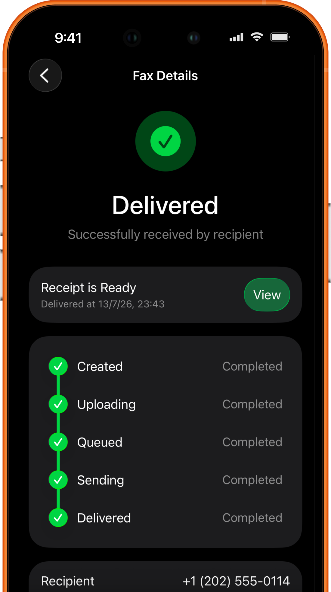 FaxPrime delivered status for a completed fax