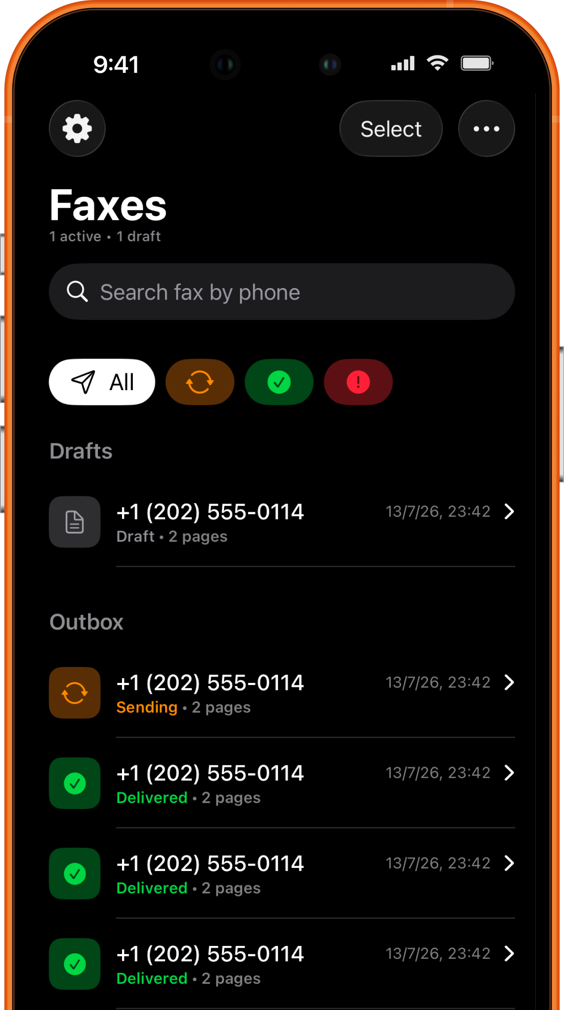 FaxPrime fax list for reviewing sent and received documents