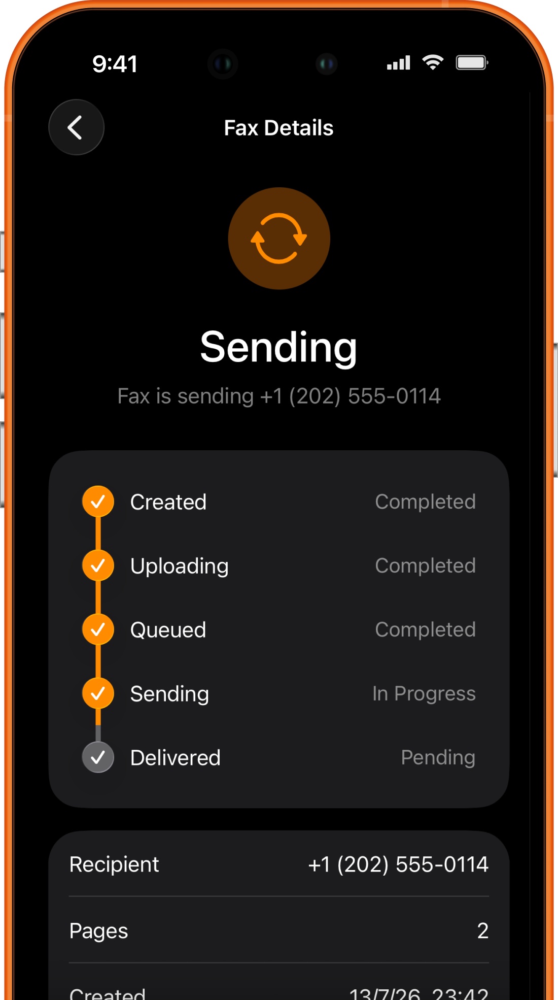 FaxPrime showing an in-progress fax transmission